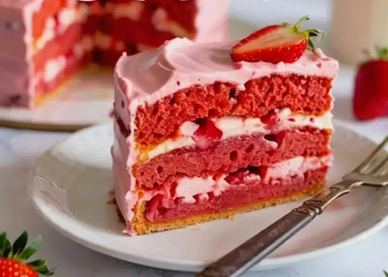 Delicious homemade strawberry cake topped with fresh strawberries and cream