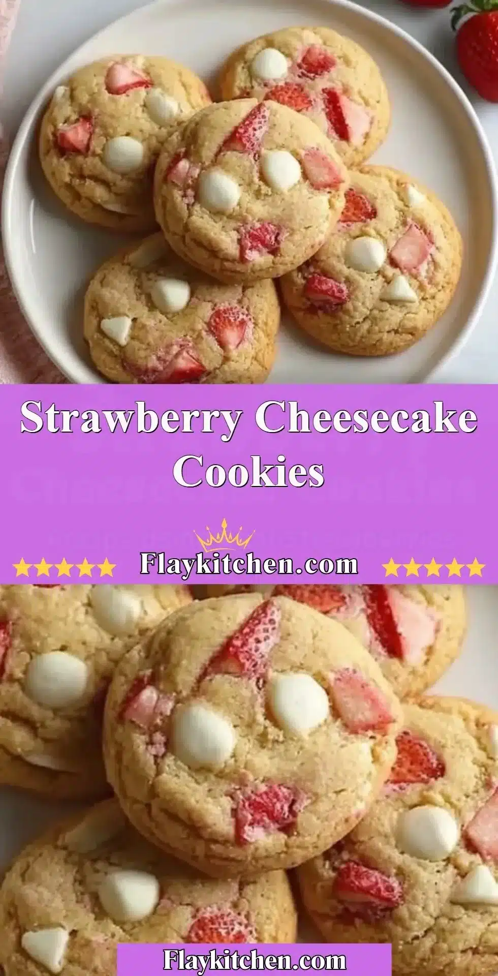 Strawberry Cheesecake Cookies 2 Delicious strawberry cheesecake cookies topped with fresh strawberries.