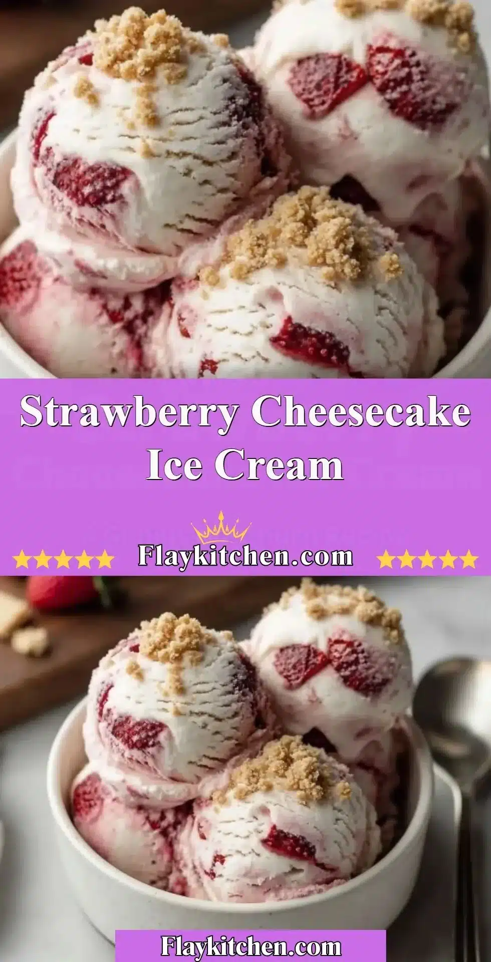 Delicious strawberry cheesecake ice cream in a bowl with fresh strawberries