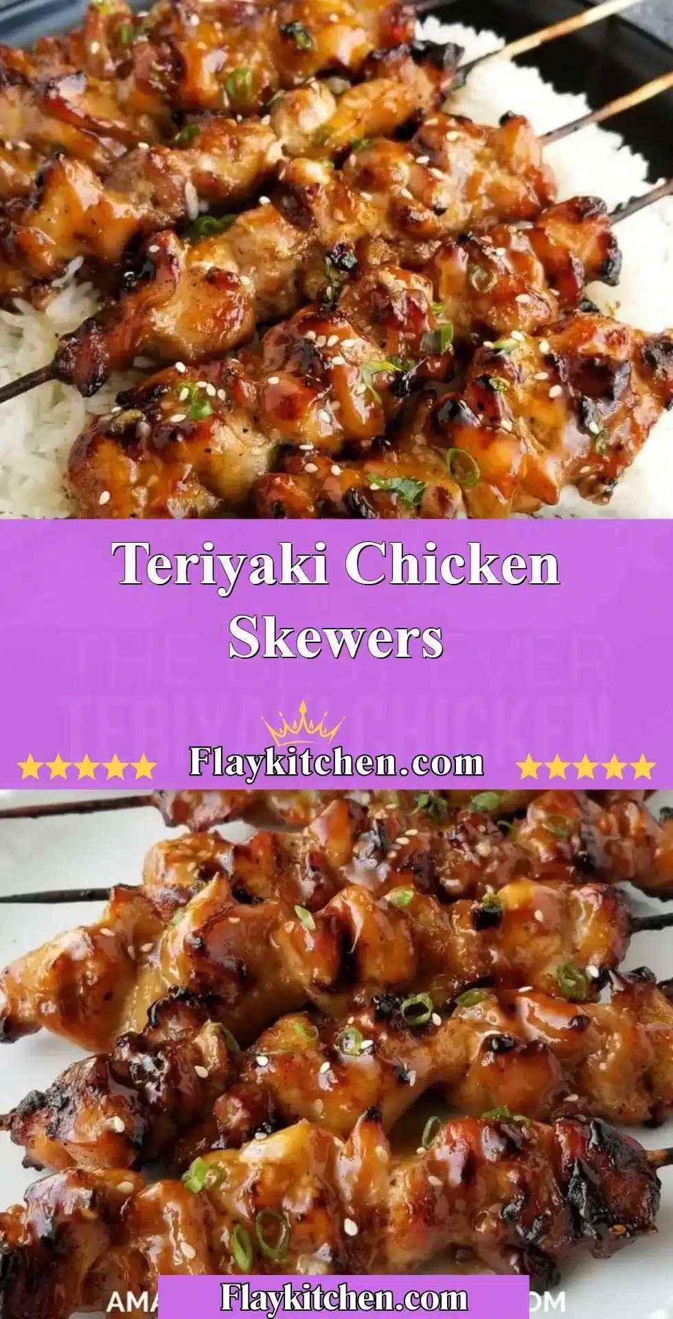 Grilled teriyaki chicken skewers served on a plate with vegetables.