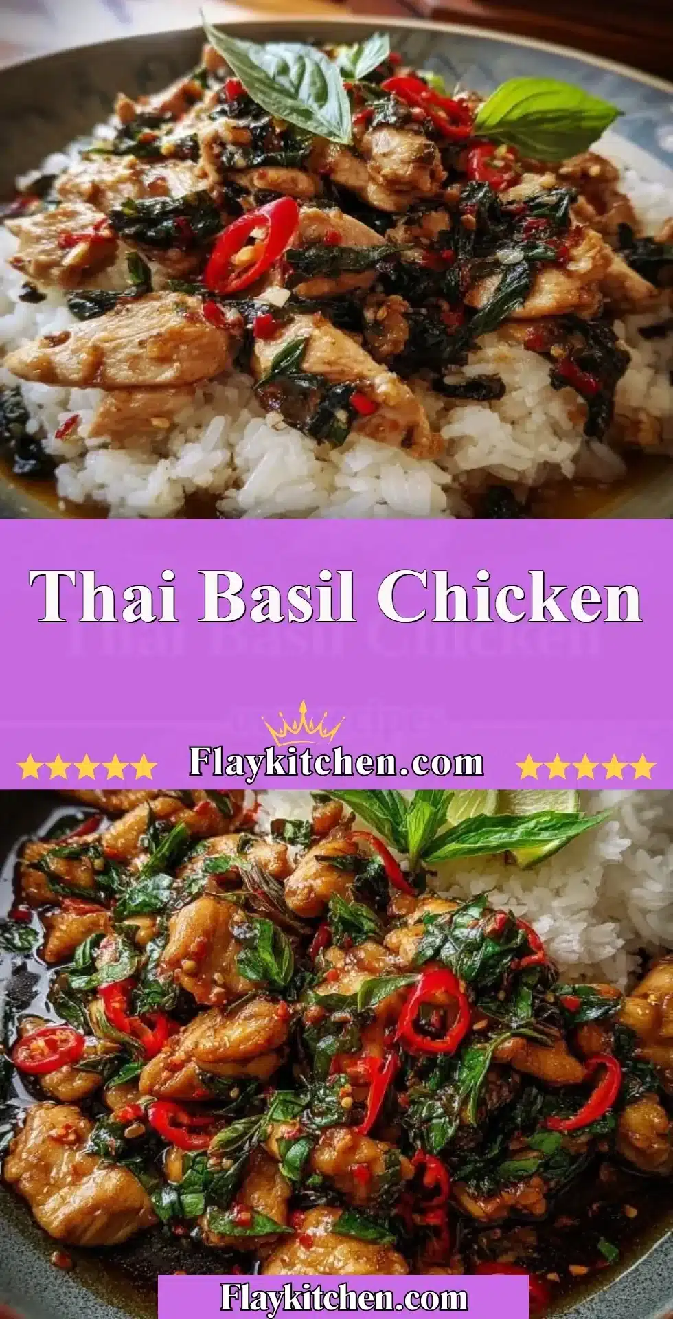 Plate of Thai Basil Chicken garnished with fresh basil leaves