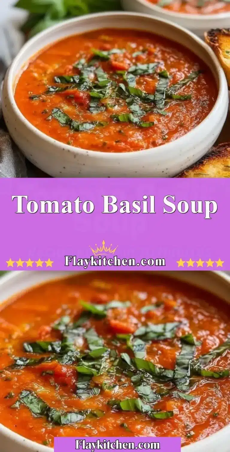 Delicious bowl of Tomato Basil Soup garnished with fresh basil leaves