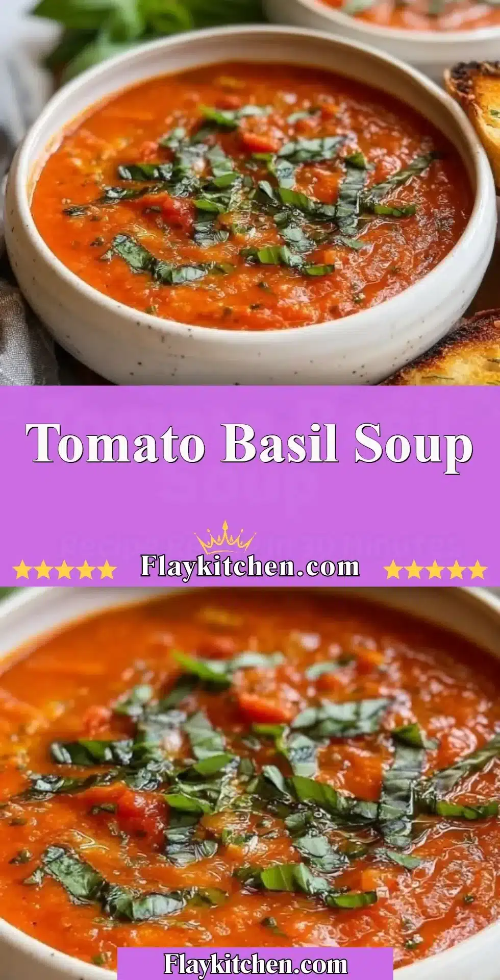 Delicious bowl of Tomato Basil Soup garnished with fresh basil leaves