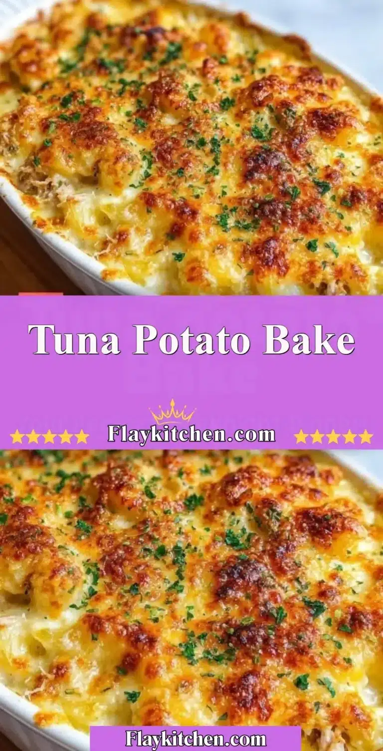 Delicious Tuna Potato Bake topped with creamy sauce and golden cheese