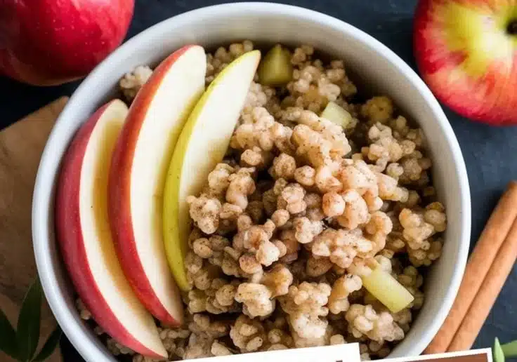Vegan apple cinnamon quinoa bowl topped with fresh apples and cinnamon