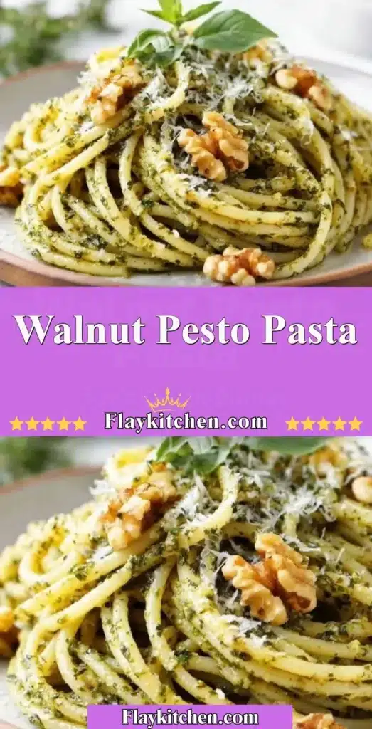 Plate of walnut pesto pasta garnished with fresh herbs and parmesan