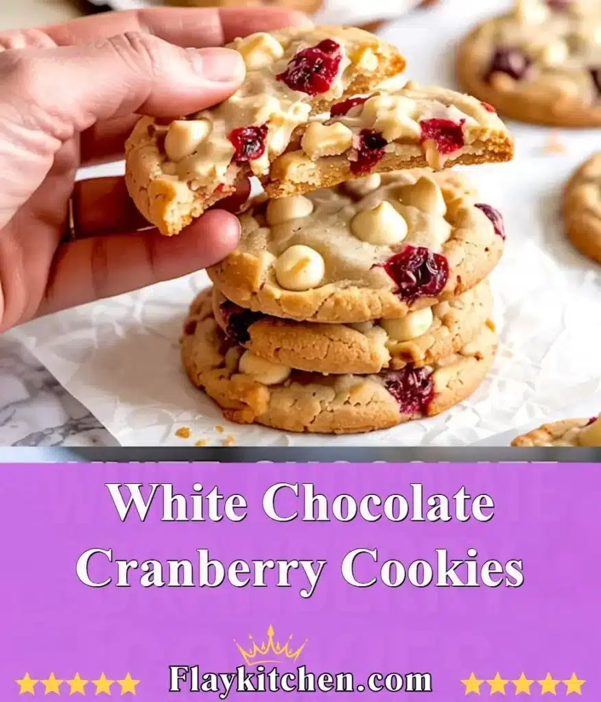 Delicious white chocolate cranberry cookies on a rustic wooden board