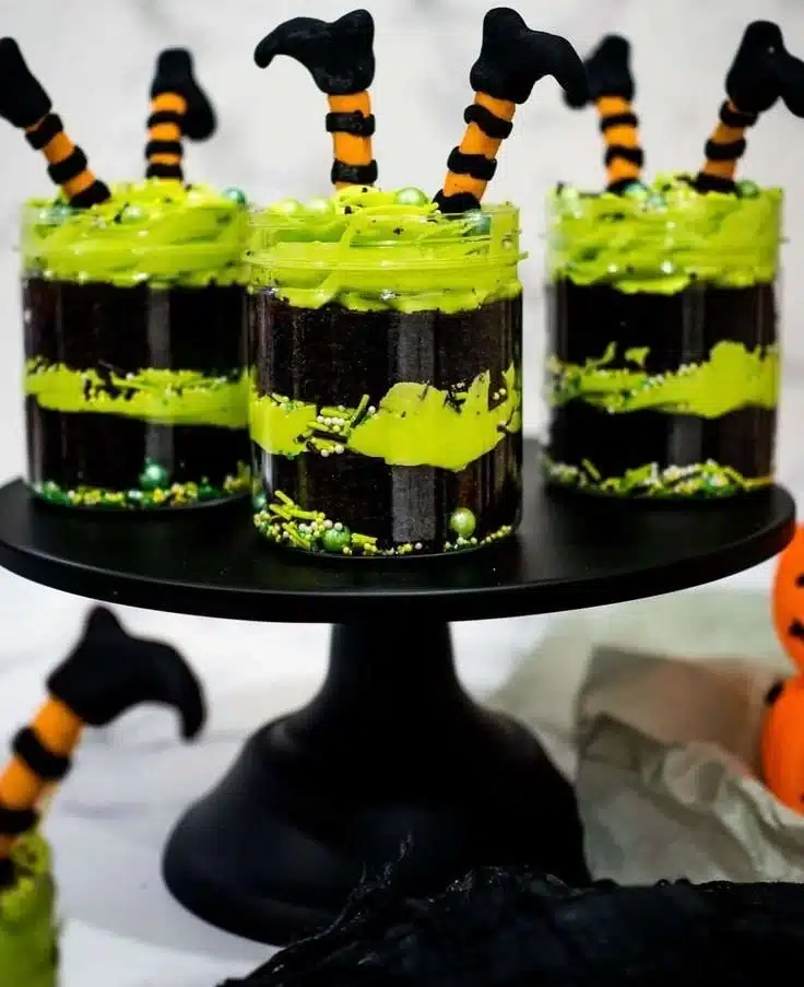 Witches Brew Halloween Cake Jars decorated for festive Halloween celebrations