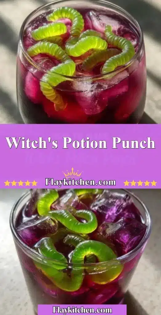Witch's Potion Punch recipe with vibrant colors and spooky decorations