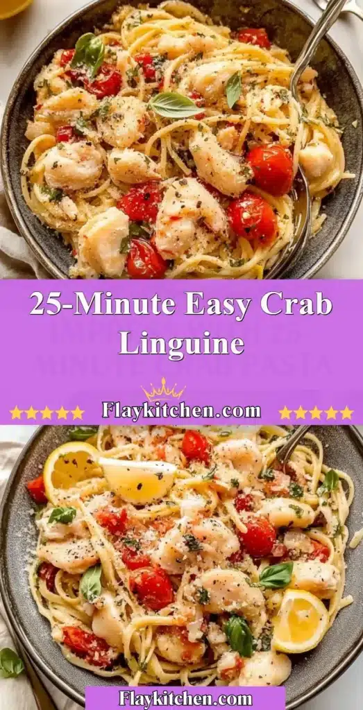 Delicious crab linguine served on a plate with herbs and lemon