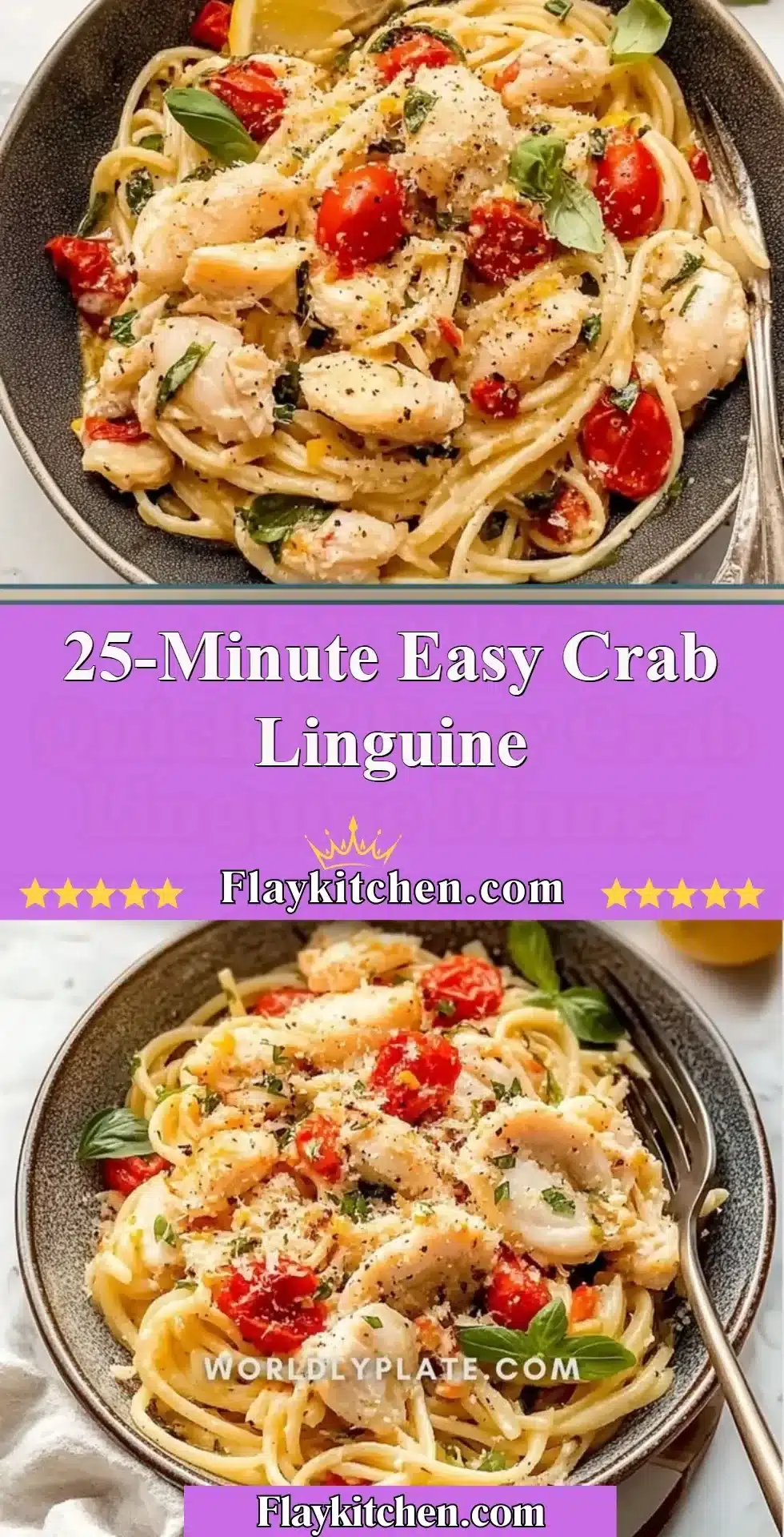 25-Minute Easy Crab Linguine 2 Delicious plate of easy 25-minute crab linguine topped with fresh herbs.