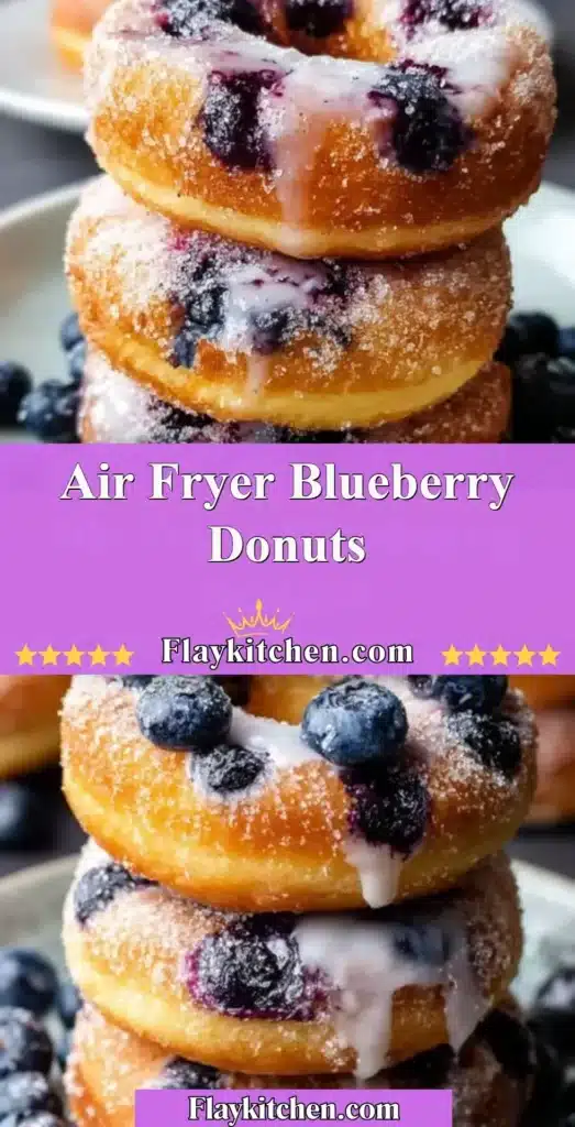 Fresh air fryer blueberry donuts on a plate topped with powdered sugar