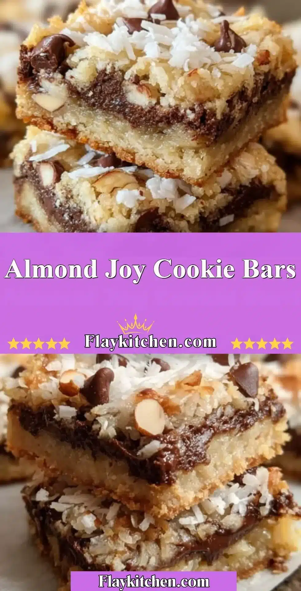 Delicious homemade Almond Joy Cookie Bars with chocolate and coconut toppings.