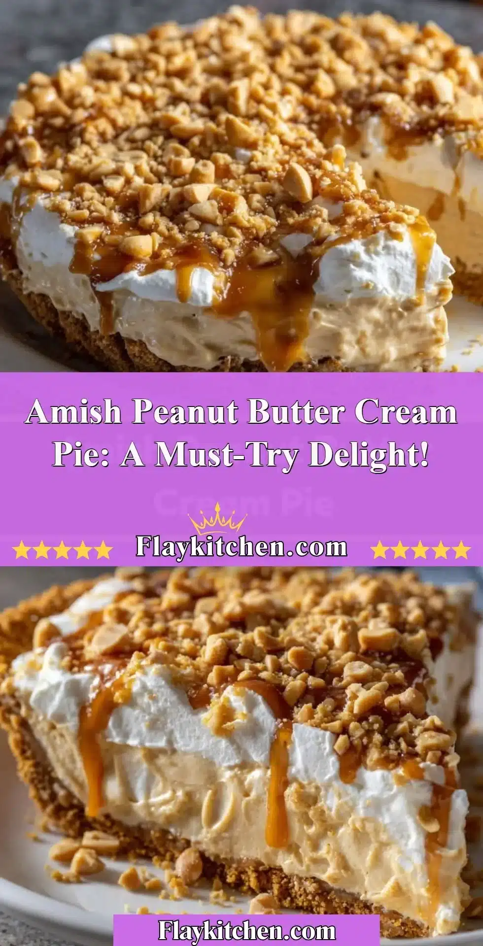 Amish Peanut Butter Cream Pie topped with whipped cream and chocolate drizzle