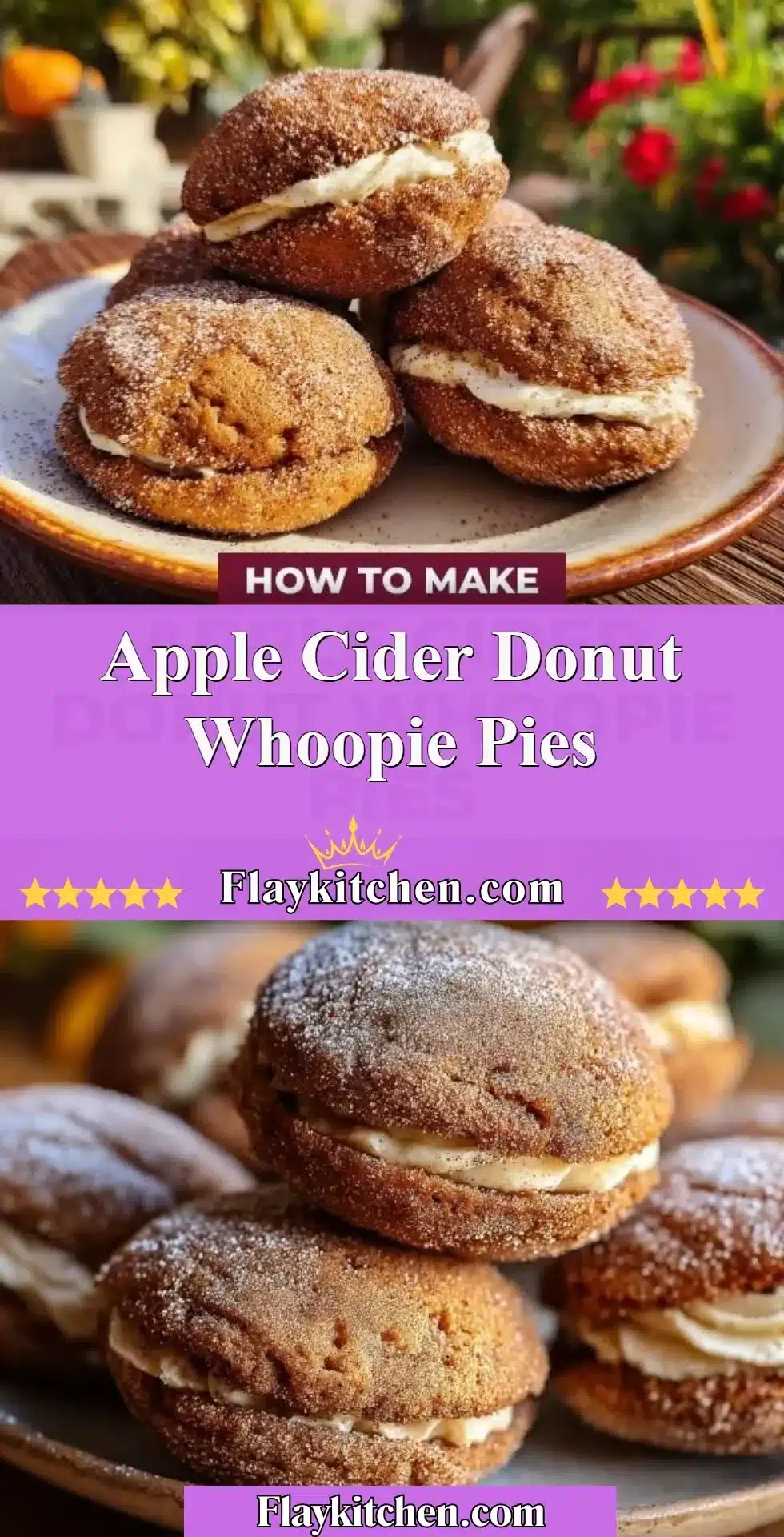 Apple cider donut whoopie pies with cream filling and cinnamon topping