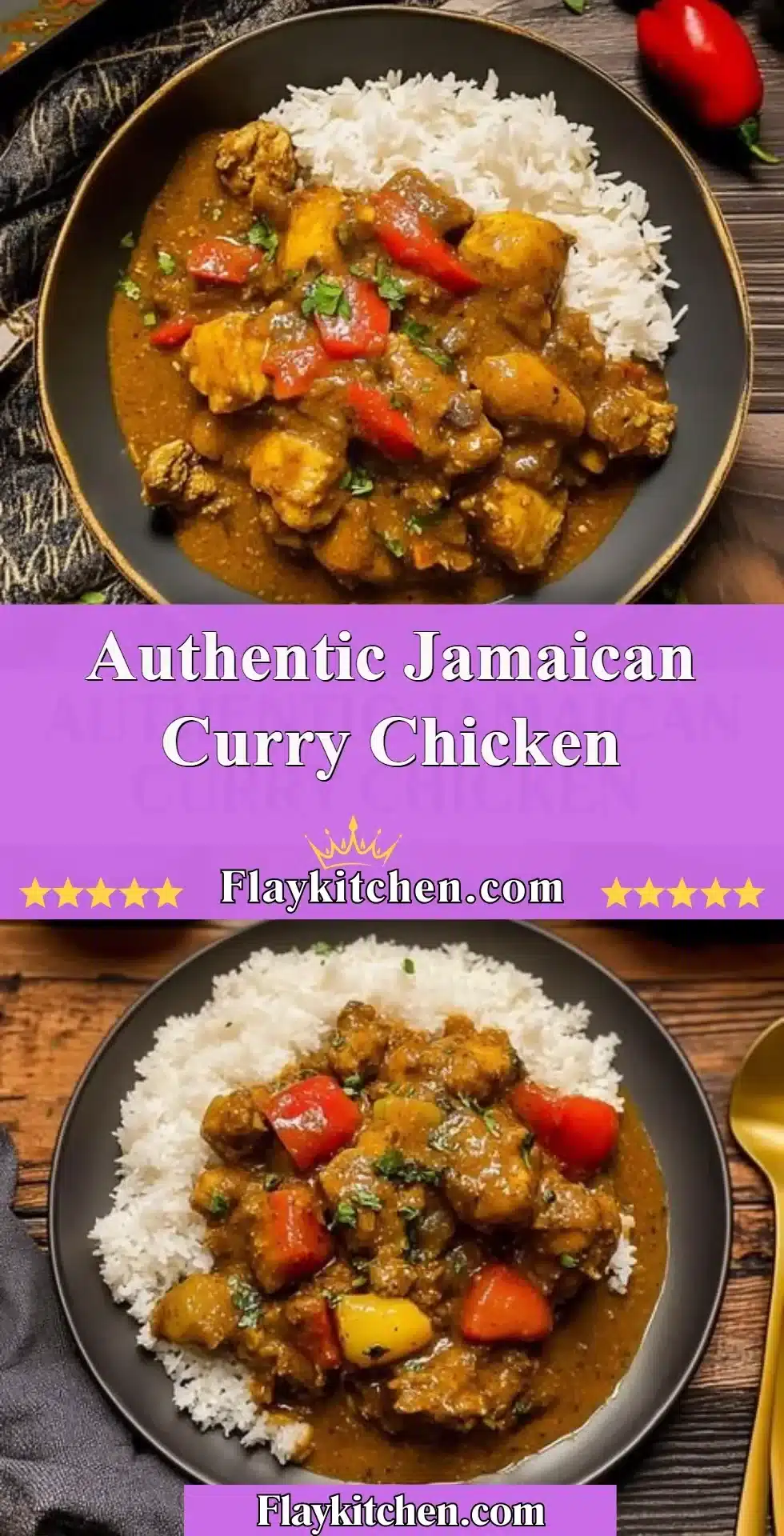 Delicious Jamaican Curry Chicken served with rice and vegetables