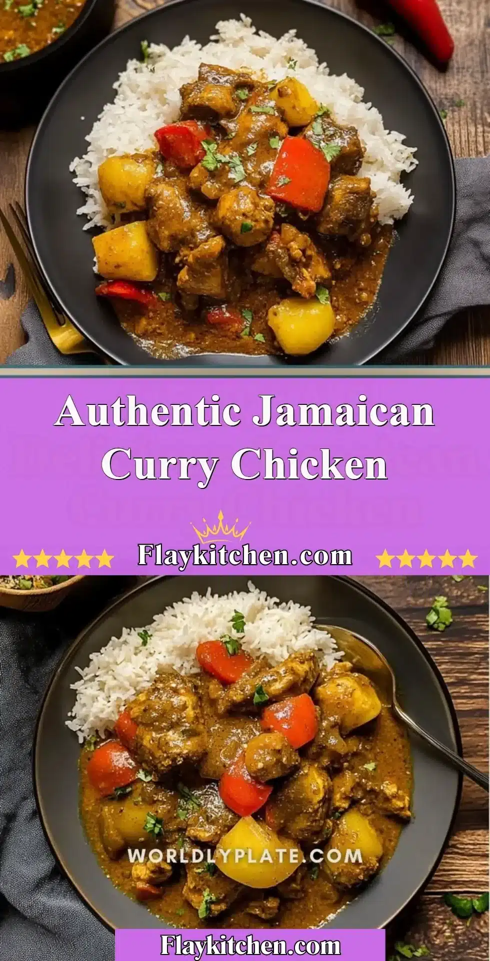 Plate of authentic Jamaican Curry Chicken with vibrant spices and herbs.