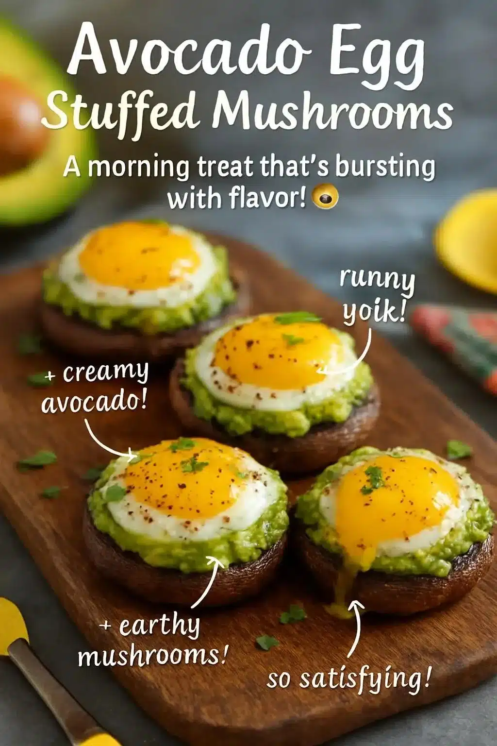 Baked Avocado Egg Stuffed Mushrooms topped with herbs