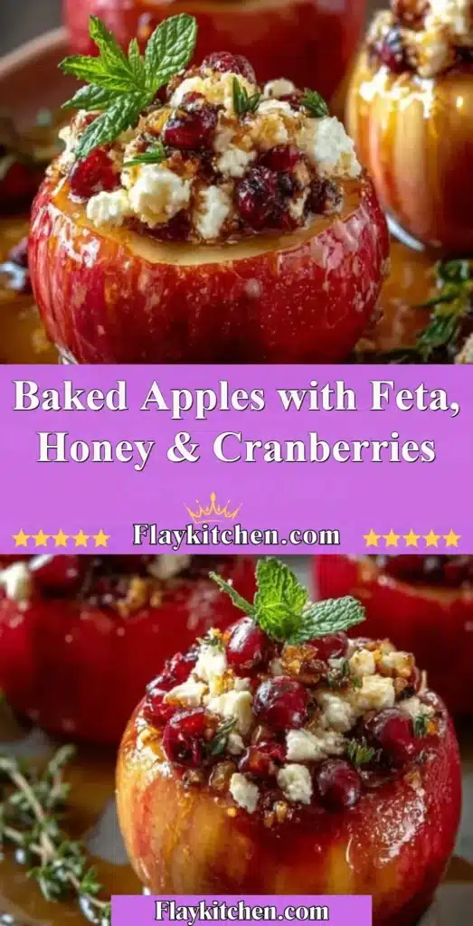 Baked apples topped with feta, honey, and cranberries on a plate