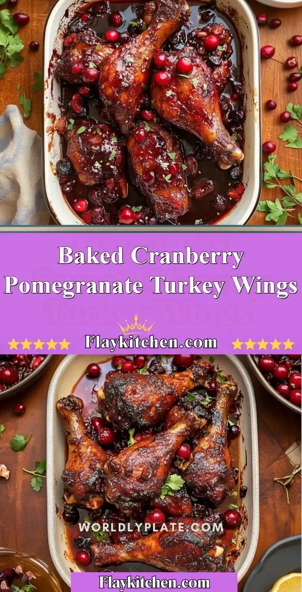 Baked cranberry pomegranate turkey wings garnished and ready to serve.