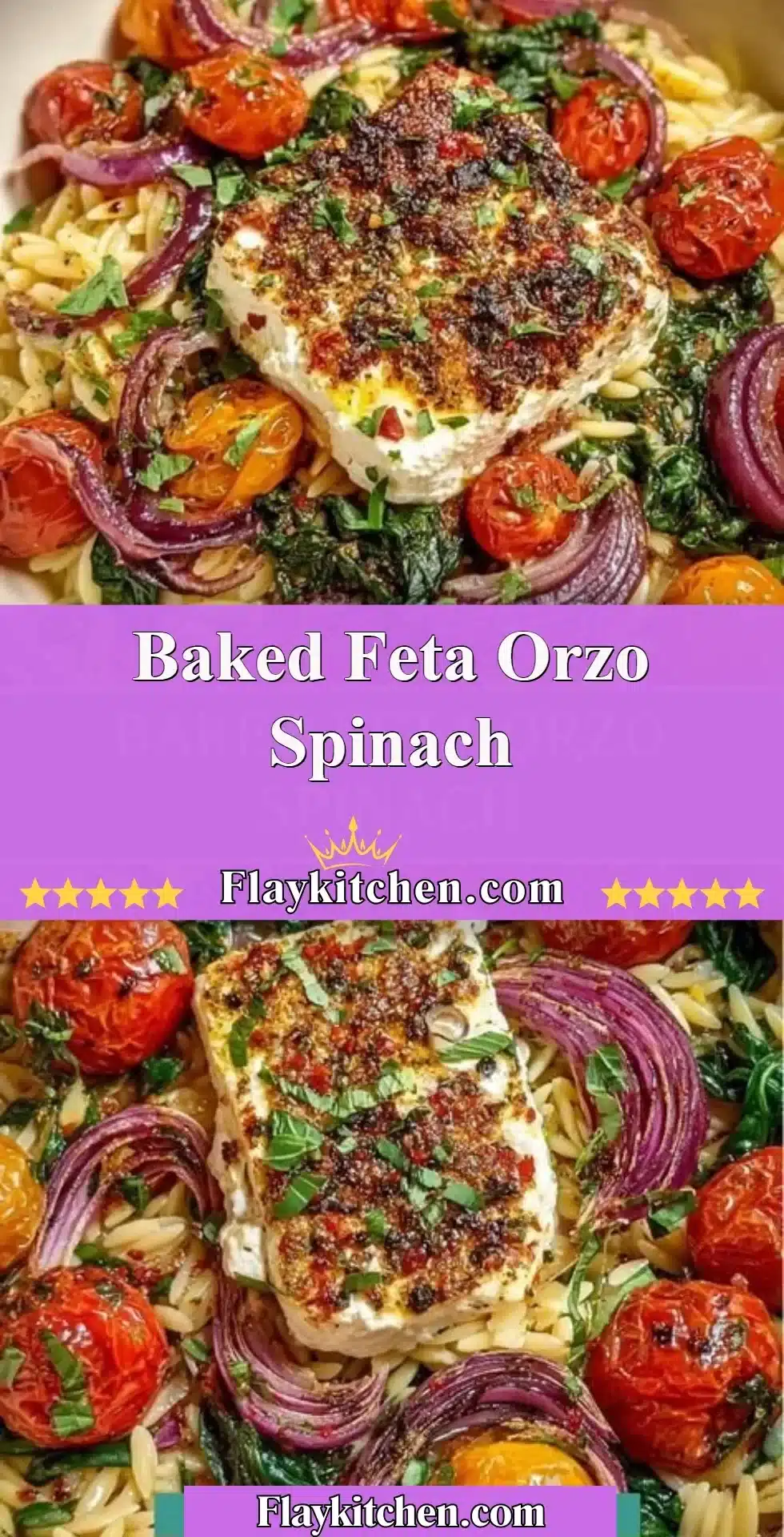 Creamy baked feta orzo with spinach served in a bowl