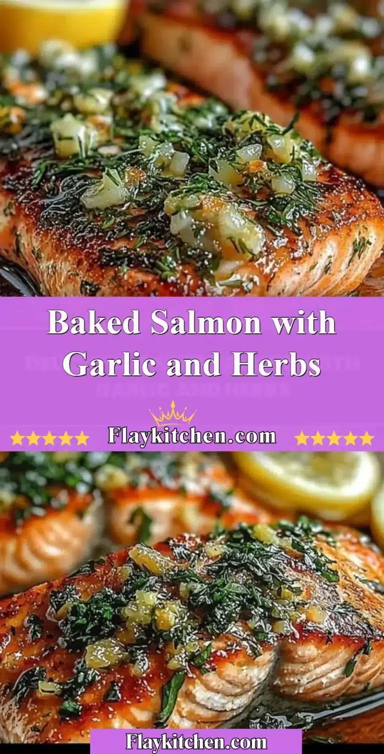 Baked salmon garnished with garlic and fresh herbs on a plate