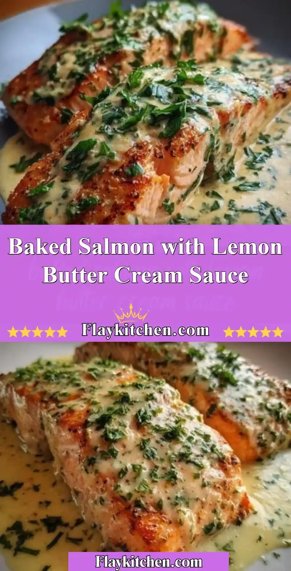 Baked salmon filet with lemon butter cream sauce on a plate