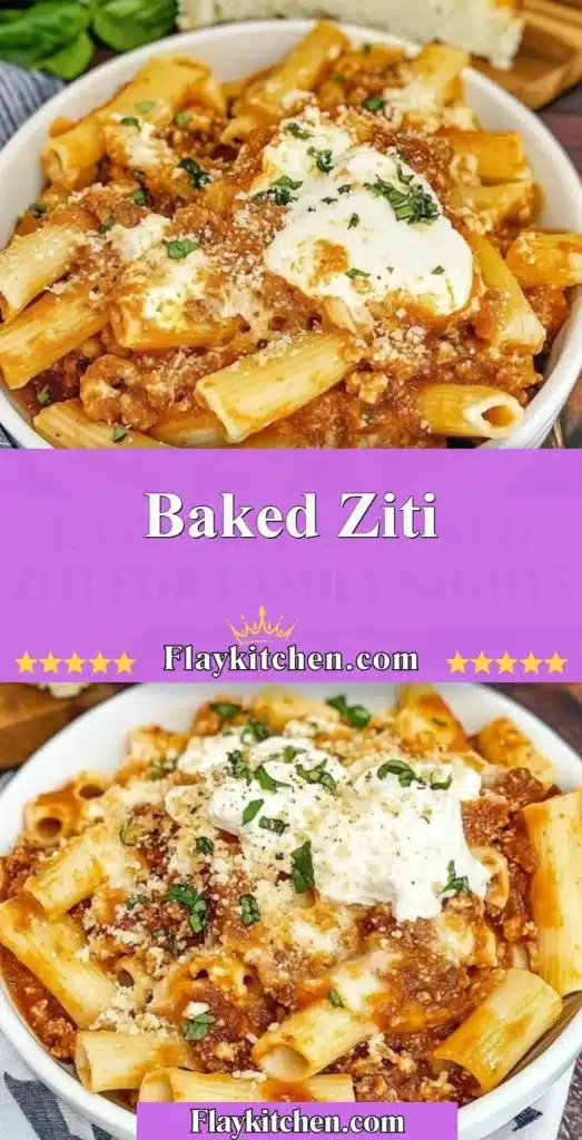 Delicious baked ziti pasta with cheese and marinara sauce ready to serve.