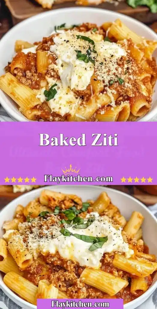 Delicious baked ziti with melted cheese and marinara sauce served in a casserole dish