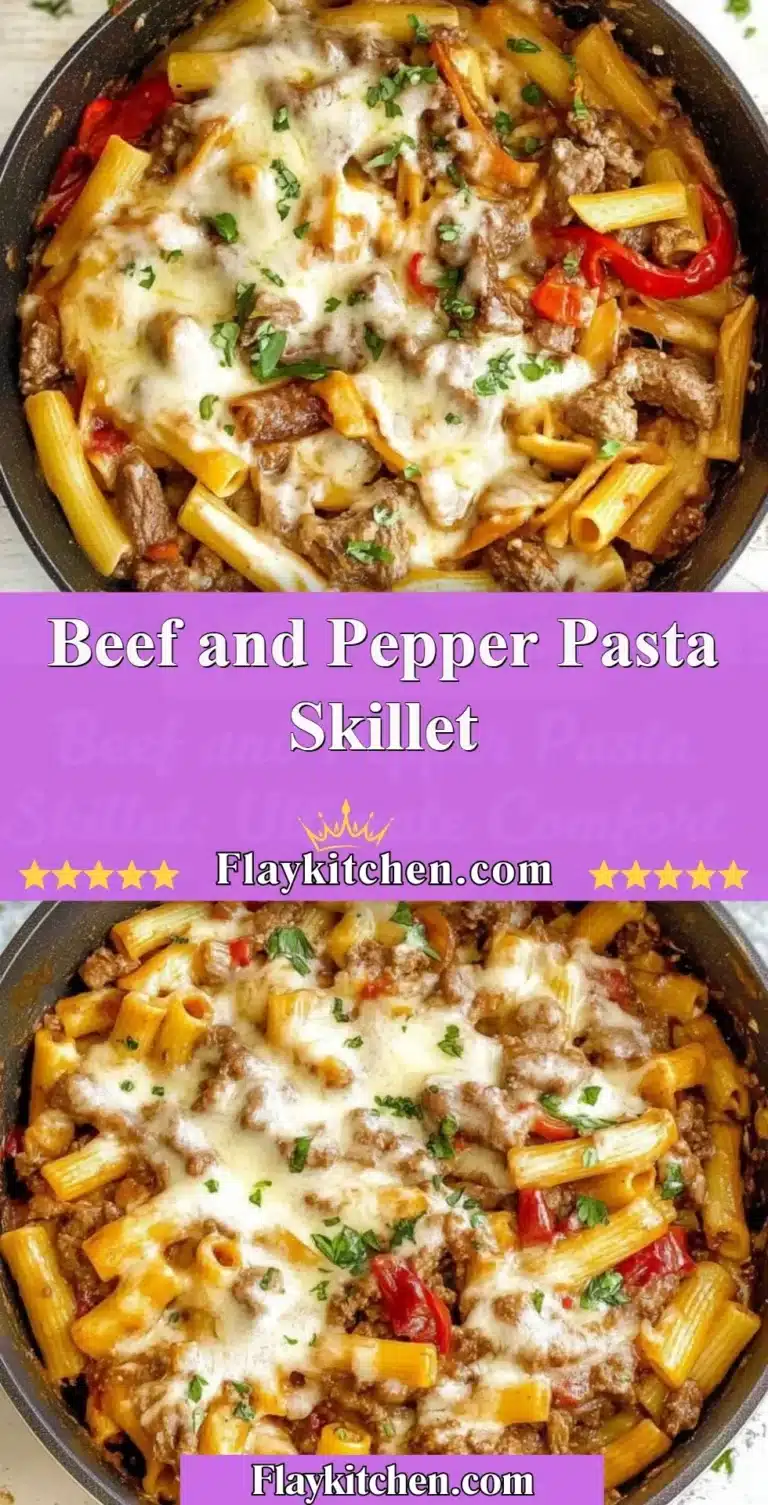 Beef and Pepper Pasta Skillet in a serving bowl garnished with herbs.