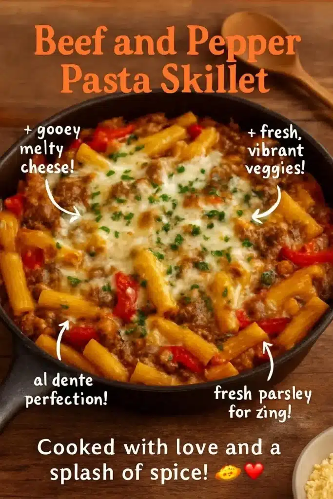Beef and Pepper Pasta Skillet dish served in a pan