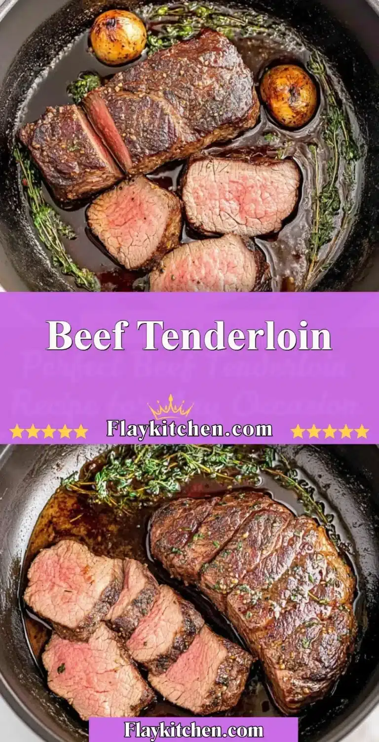 Juicy roast Beef Tenderloin garnished with herbs and spices.