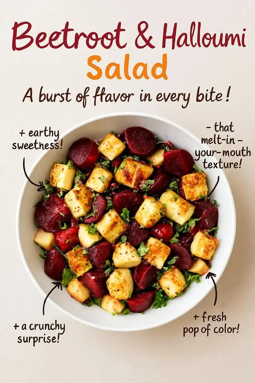 Beetroot salad featuring halloumi cheese and fresh apples served in a bowl