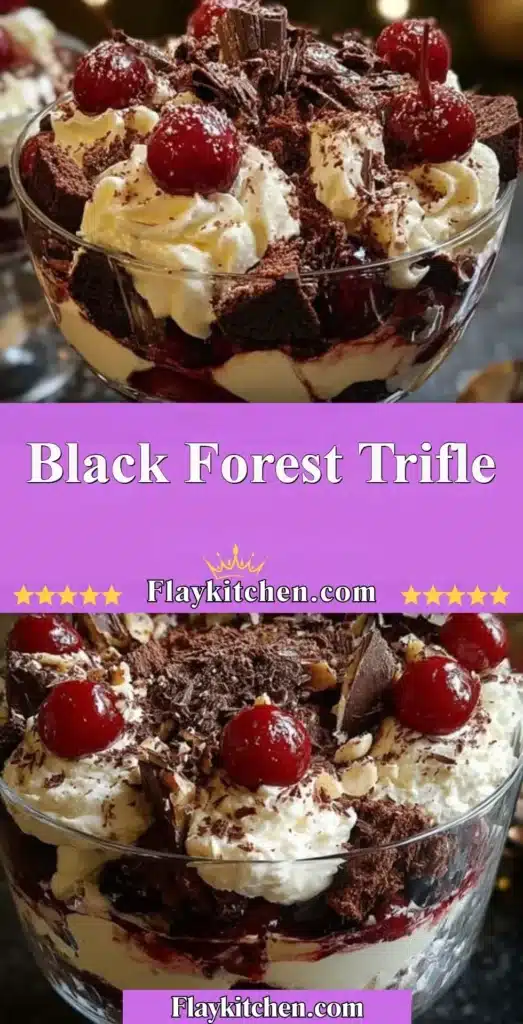 Delicious Black Forest Trifle with layers of chocolate, cherries, and whipped cream