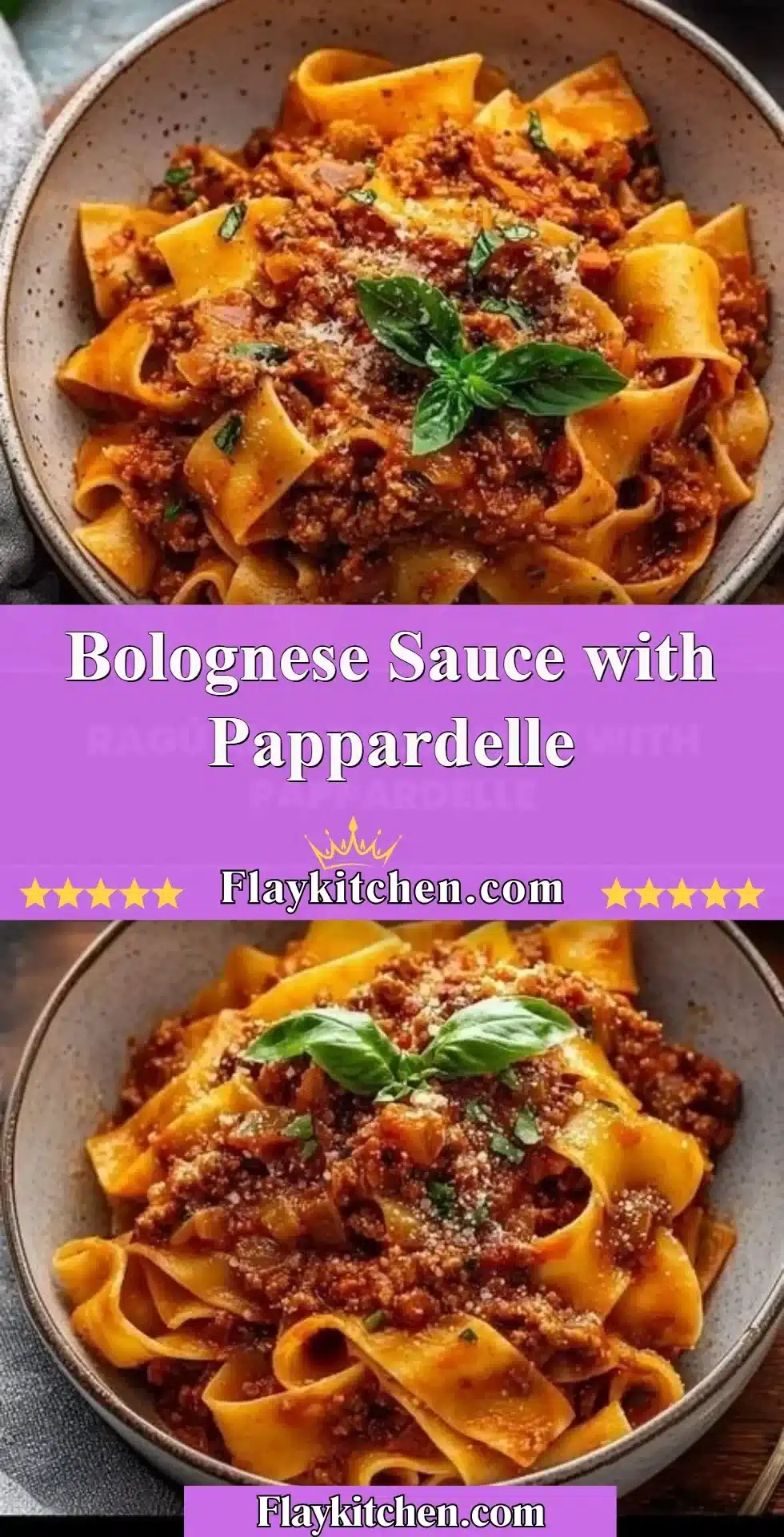 Bolognese Sauce with Pappardelle 2 Bolognese sauce served over pappardelle pasta on a rustic wooden table.