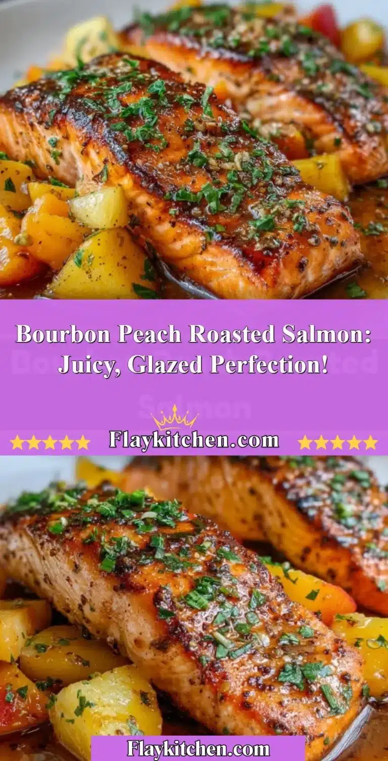 Bourbon Peach Roasted Salmon with a juicy glaze and fresh peaches on a plate.