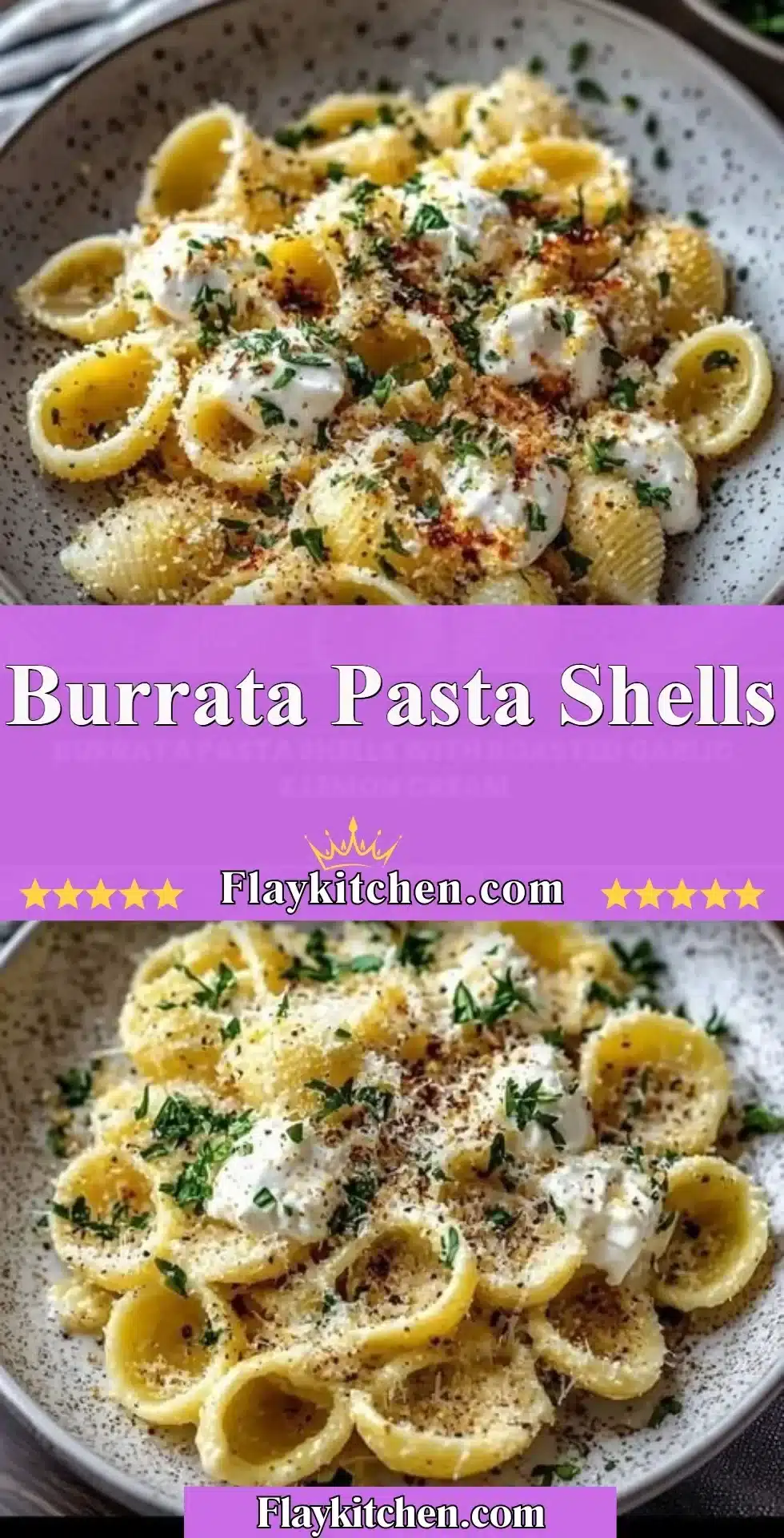 Creamy burrata pasta shells garnished with herbs and tomatoes