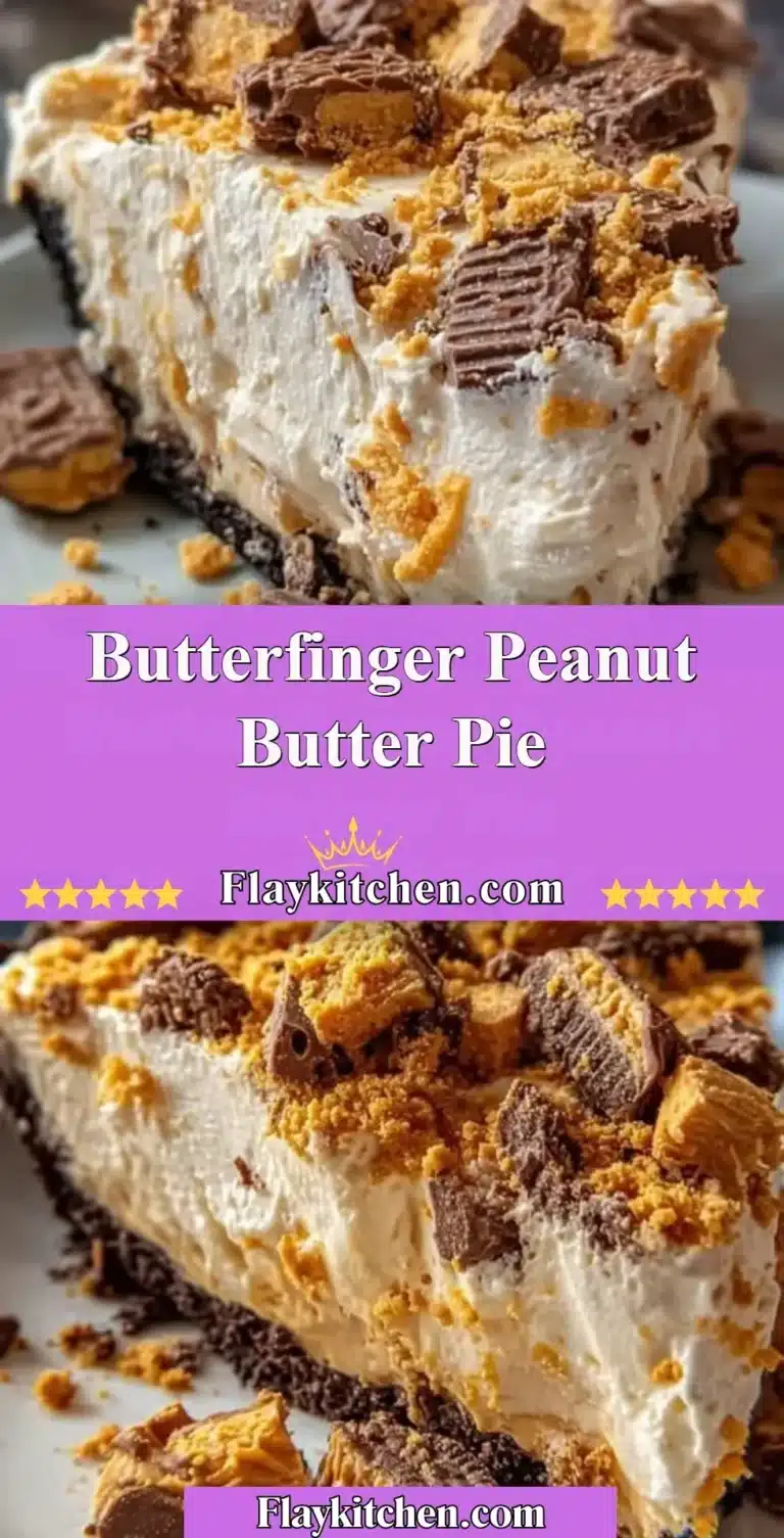 Delicious Butterfinger Peanut Butter Pie topped with chocolate and peanut butter