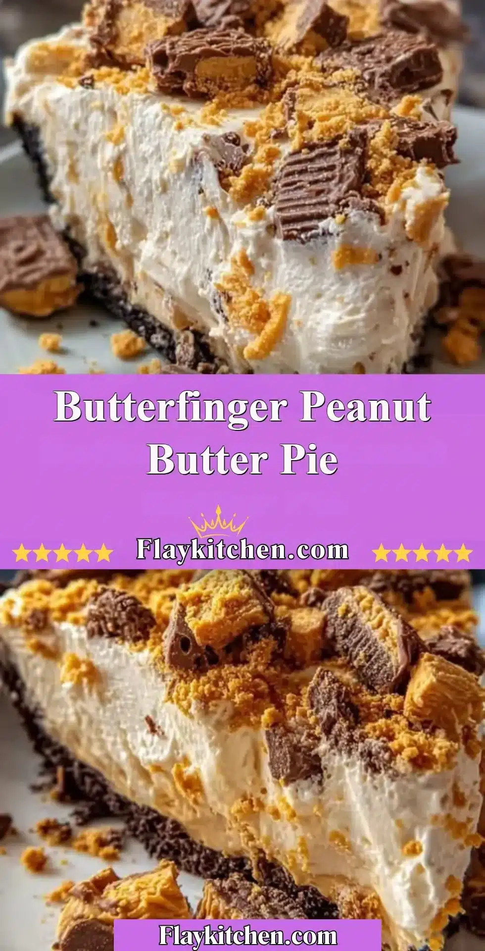 Delicious Butterfinger Peanut Butter Pie topped with chocolate and peanut butter