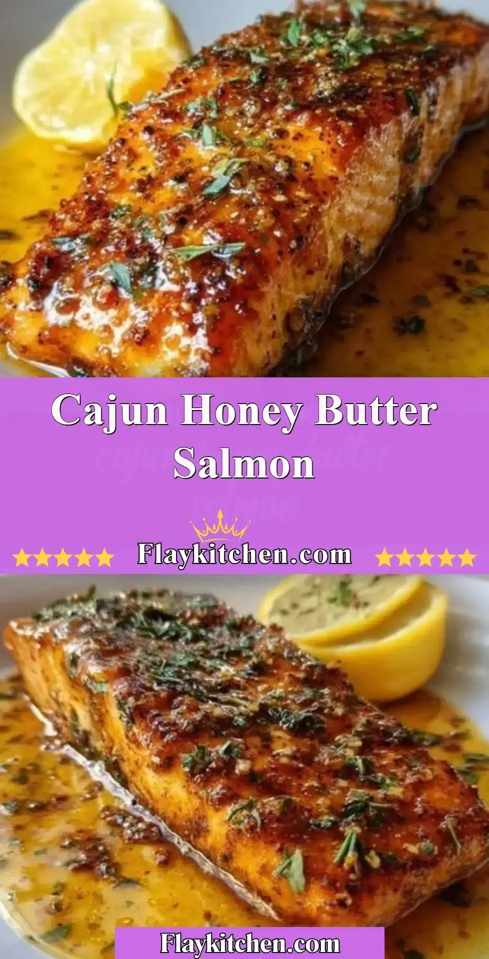 Cajun Honey Butter Salmon fillets garnished and served on a plate.