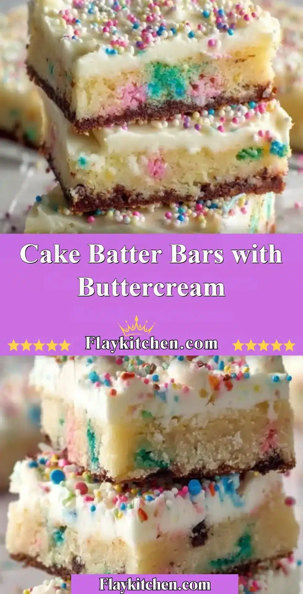 Delicious cake batter bars topped with creamy buttercream frosting