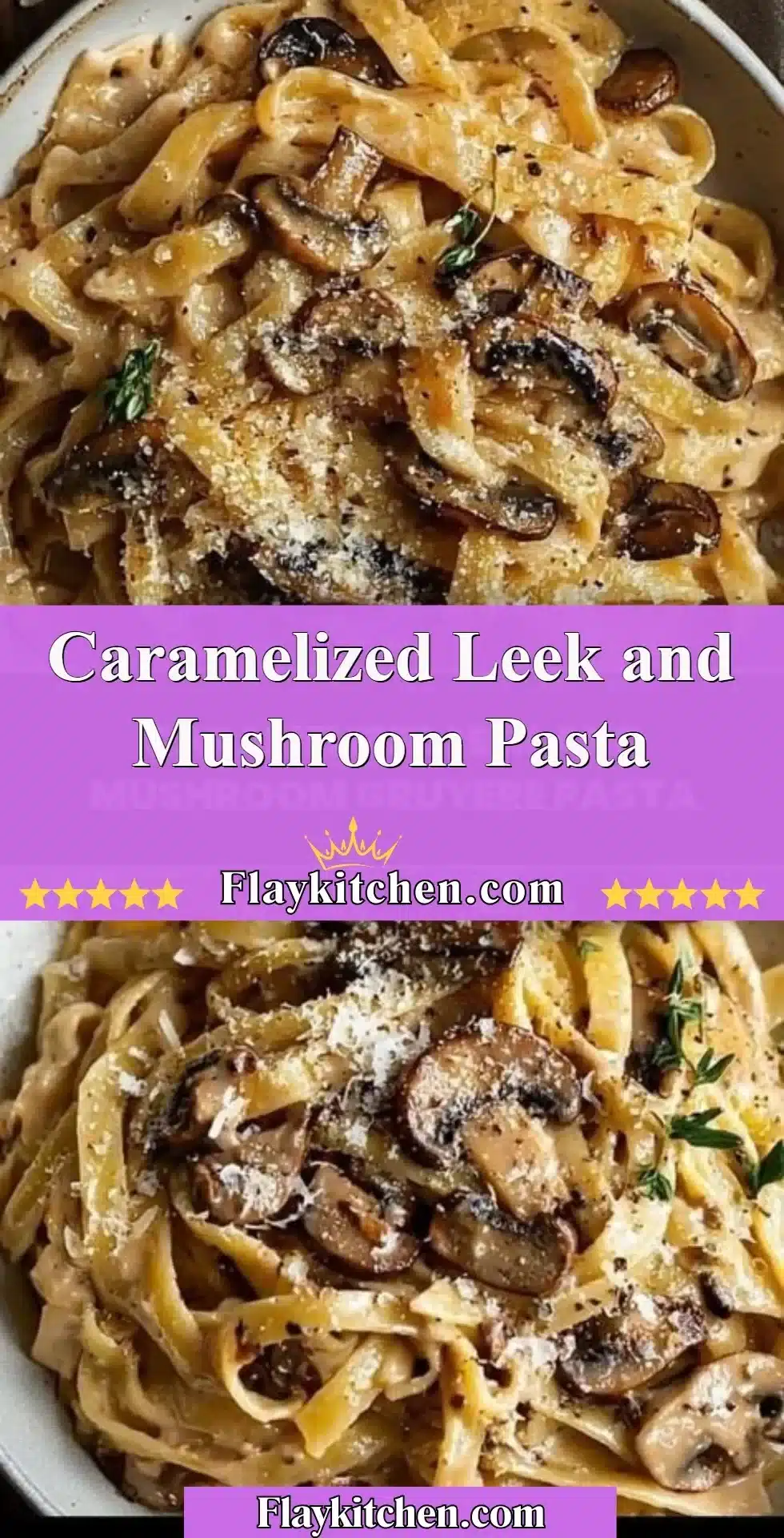 Delicious caramelized leek and mushroom pasta served in a bowl