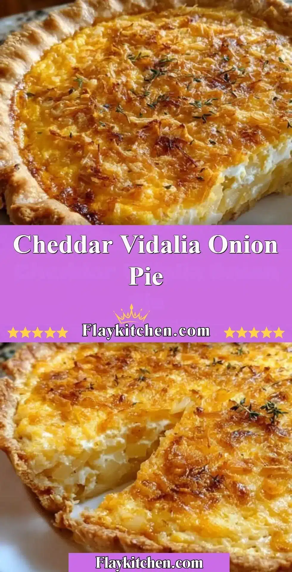 Delicious Cheddar Vidalia Onion Pie with a golden crust and rich filling