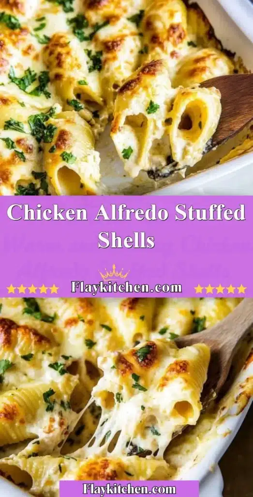 Creamy Chicken Alfredo Stuffed Shells topped with herbs and cheese