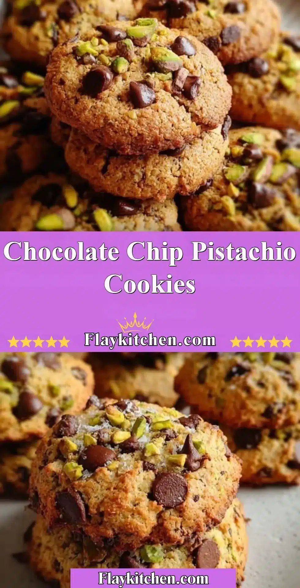 Delicious chocolate chip pistachio cookies stacked on a plate