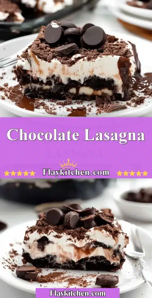 Delicious chocolate lasagna layered with creamy filling and chocolate toppings.