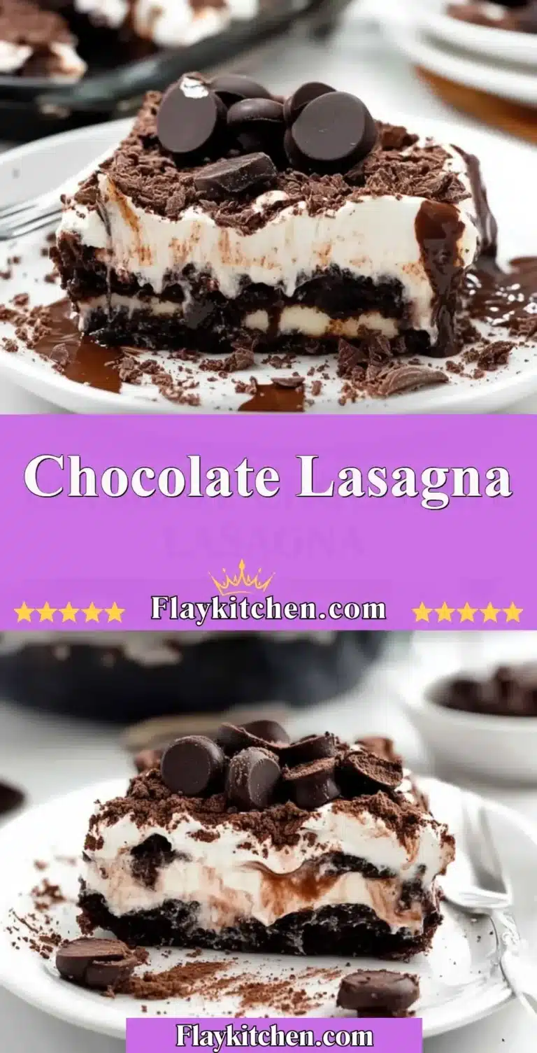 Delicious chocolate lasagna layered with creamy filling and chocolate toppings.