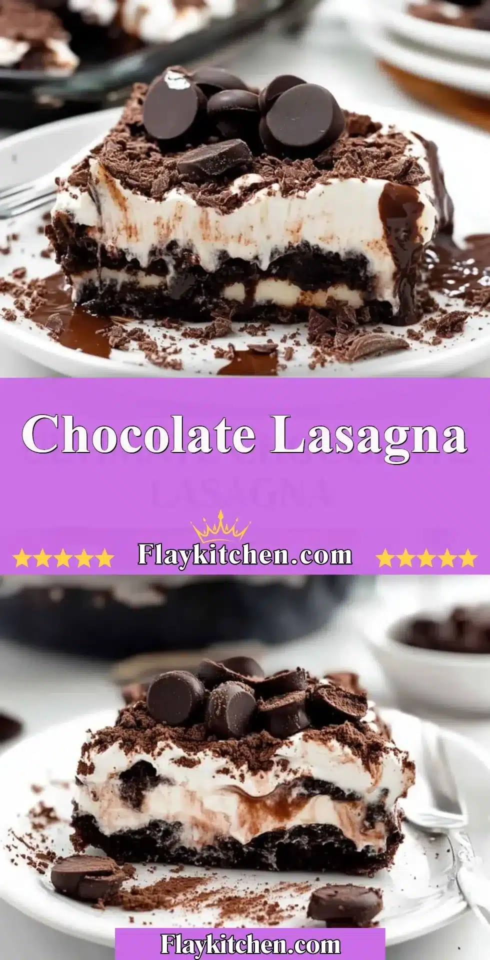 Delicious chocolate lasagna layered with creamy filling and chocolate toppings.