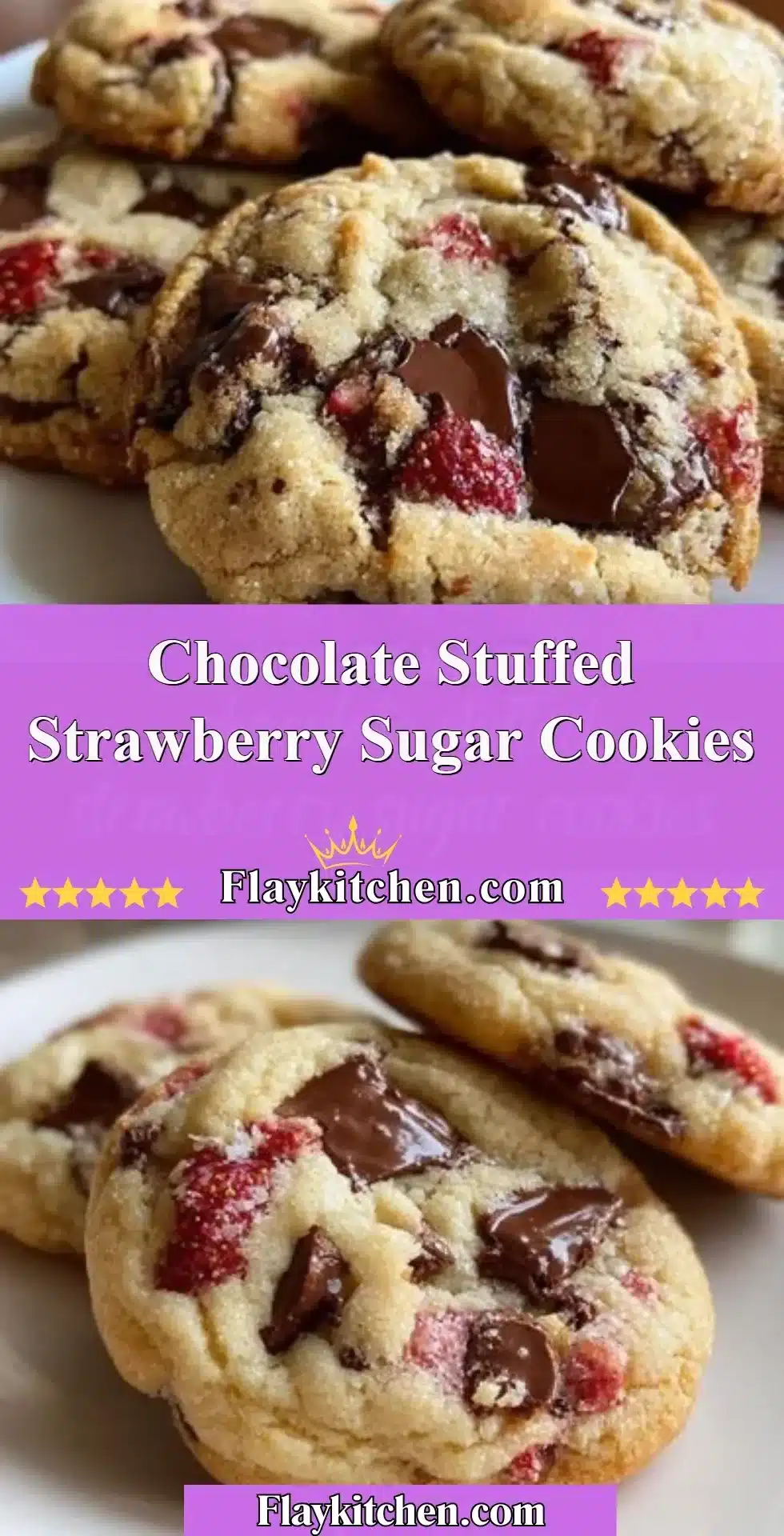 Chocolate stuffed strawberry sugar cookies with melted chocolate center