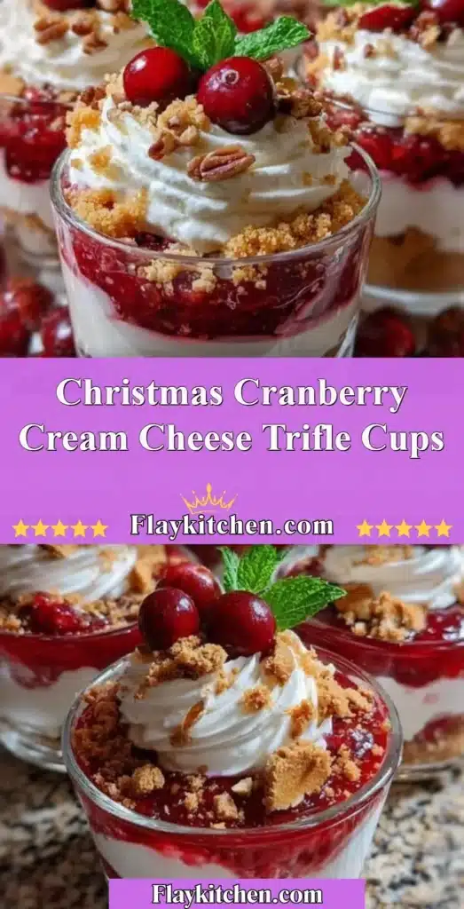 Christmas Cranberry Cream Cheese Trifle Cups dessert served in clear cups